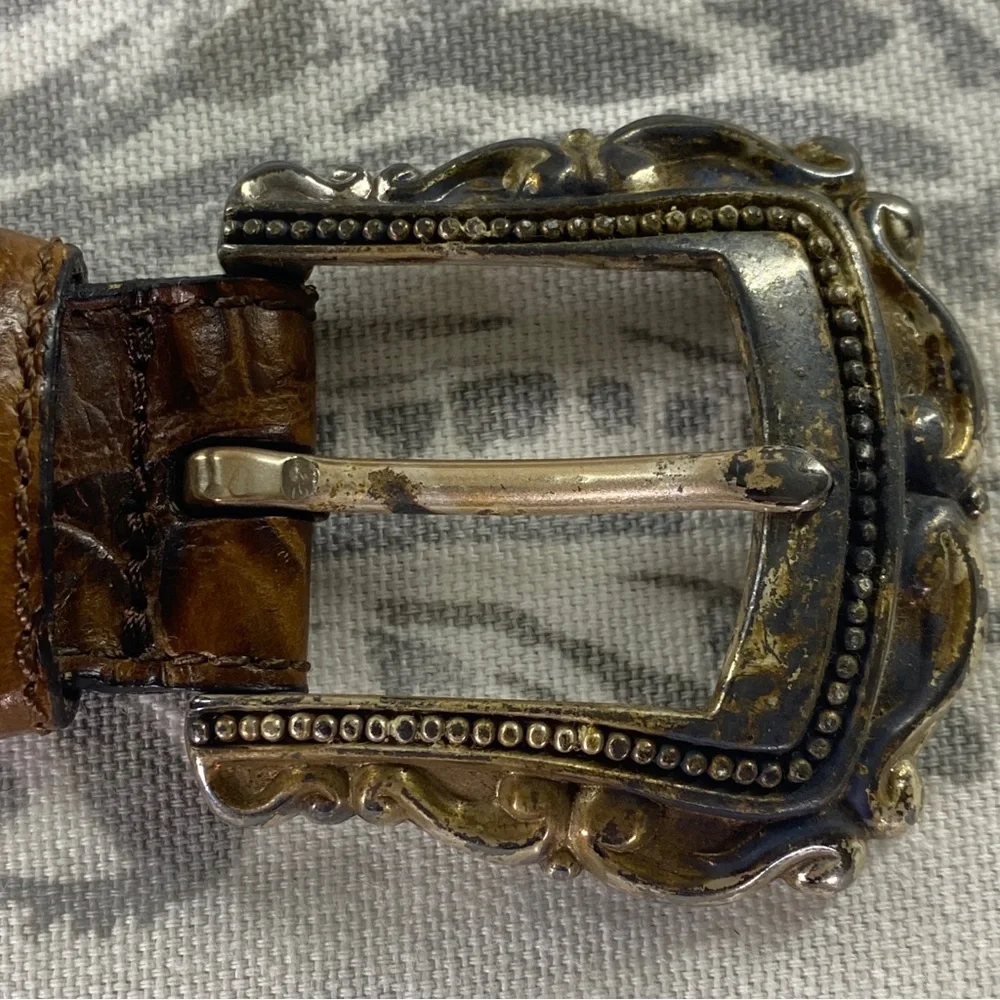 VTG FOSSIL LEATHER CROCO-EMBOSSED‎ WESTERN BELT, ORNATE CONCHOS & BUCKLE, M/L